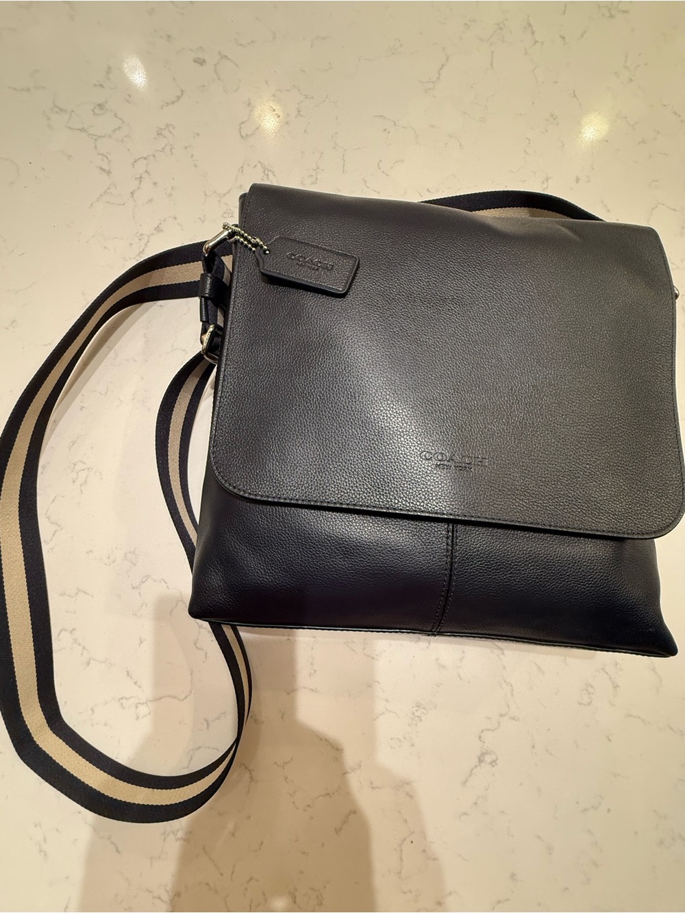 Coach navy blue Leather Messenger Bag with Black and Cream Striped Strap